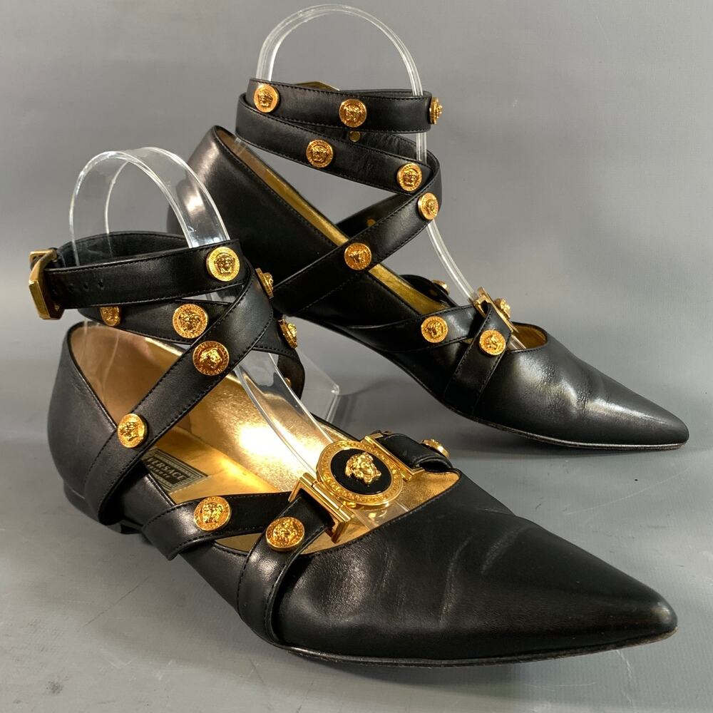 VERSACE Size 6 Black Gold Leather Medusa Pointed Toe Flats